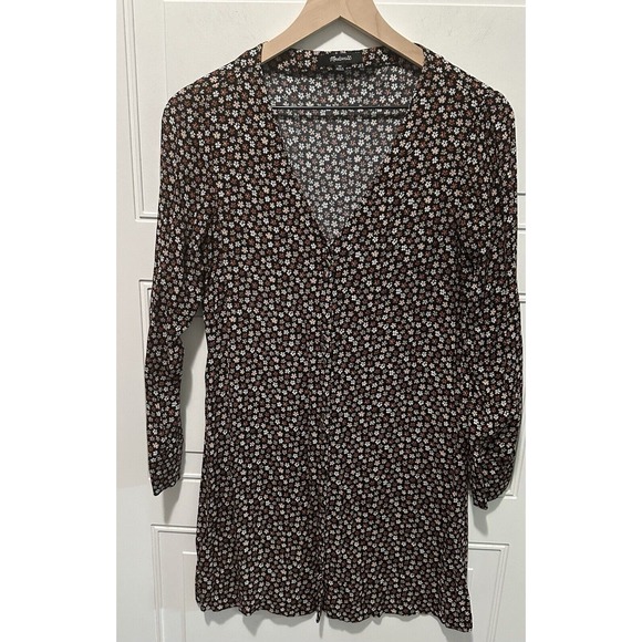 Madewell V Neck Button Front Long Sleeve Black Floral Petite Bloom Dress Size XS - Picture 1 of 7